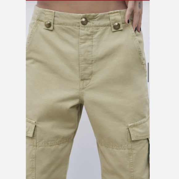 💐Zara High Waist Cargo Pants w/Button Fly Straight Leg Sz M Khaki - Picture 2 of 9